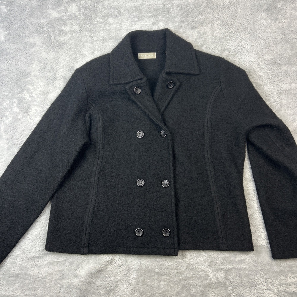Vtg Kate Hill Women Large 100% New Wool Double Breasted Jacket Black Boiled Wool